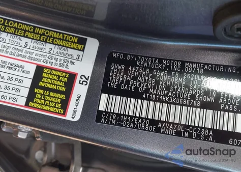 2019 Toyota Camry Se из США, поврежденный, VIN 4T1B11HK3KU686768